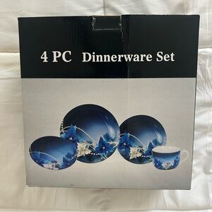 4pc Dinner Set Blue Floral Design; 10", 8" Plates 16oz Mug 7.5" Soup Bowl